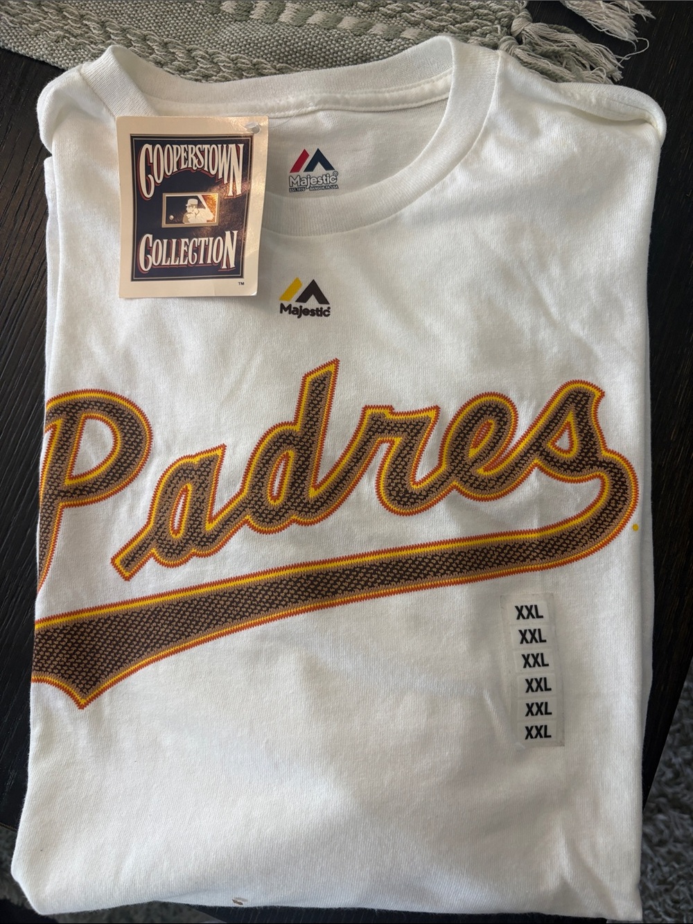 Majestic White Padres Graphic Tee with Brown and Yellow Script